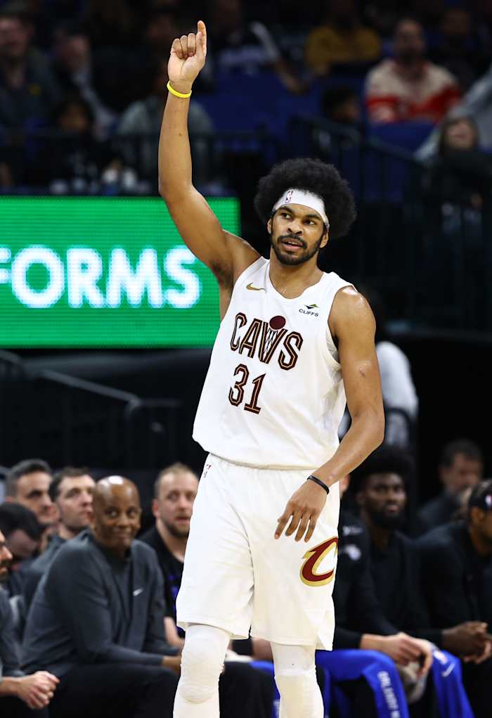 Jan 22, 2024; Orlando, Florida, USA; Cleveland Cavaliers center Jarrett Allen (31) reacts after he makes a basket and shoots and one against the Orlando Magic during the second half at Kia Center.